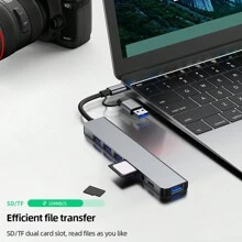 Usb + Type-c雙頭轉換成usb3.0 + Usb2.0 * 3 + 3.5mm耳機孔 + Sd / Tf 卡 + Usb-c數據傳輸接口的8合1多功能鋁合金電腦行動電話擴展底座 - 深灰色 - 查看 7