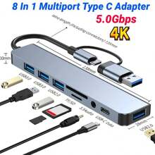 Usb + Type-c雙頭轉換成usb3.0 + Usb2.0 * 3 + 3.5mm耳機孔 + Sd / Tf 卡 + Usb-c數據傳輸接口的8合1多功能鋁合金電腦行動電話擴展底座 - 深灰色 - 查看 8