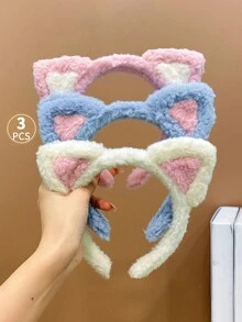 3pcs Girls' Cute Plush Cat Ear Headband In Candy Colors - Multicolor - View 3