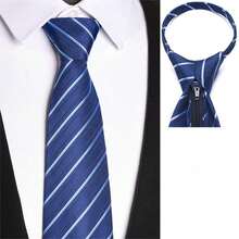 1條男士懶洋洋的商務領帶，藍色條紋西裝領帶，附有襯衫配件，不需打結的專業領帶 - 寶藍色 - 查看 2