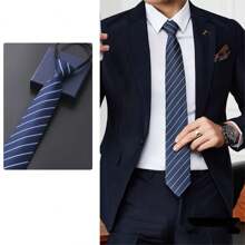1條男士懶洋洋的商務領帶，藍色條紋西裝領帶，附有襯衫配件，不需打結的專業領帶 - 寶藍色 - 查看 3