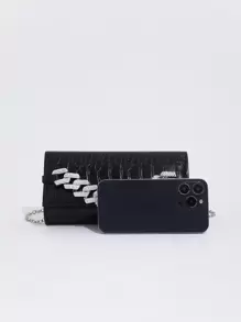 1pc Black Mini Fashionable Crocodile Pattern Pu Chain Clutch Bag With Rhinestone Decoration For Daily, Party - Black - View 6