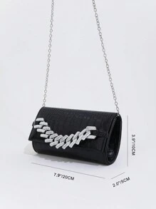 1pc Black Mini Fashionable Crocodile Pattern Pu Chain Clutch Bag With Rhinestone Decoration For Daily, Party - Black - View 4