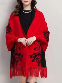 女士黑紅色可反轉披肩,帶袖子和流蘇,秋冬季,印花設計,適用於美麗旅遊和優雅派對 - 黑色 - 查看 3