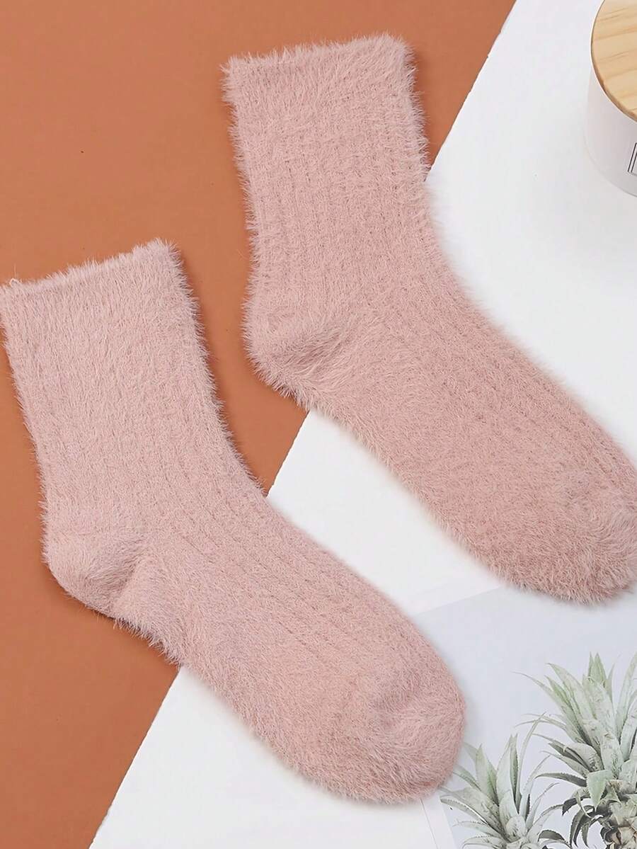 1pair White Plush Socks - Pink - View 1