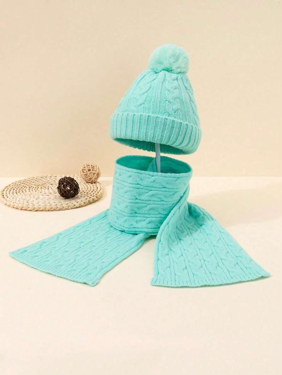 1套加厚綠色毛線帽,帶毛球和綠色流蘇裝飾,適合男孩、女孩和兒童,適用於冬季和日常穿著