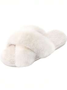 Fuzzy Slippers For Women,Cross Band Cozy House Home Bedroom Fluffy Slippers Plush Furry Open Toe Slide Slipper,Women's Soft Cozy Plush Cross Band Open Toe Slippers Indoor Outdoor Faux Rabbit Fur Warm Comfortable Breathable ,Grey/Camel/Pink/Black/White - White - View 10