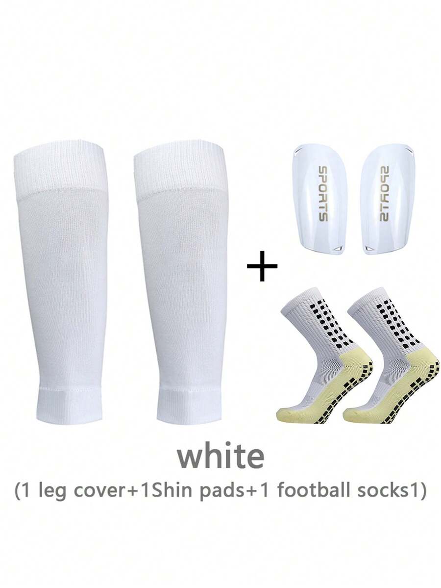 1雙男式透氣吸汗足球訓練襪,附1雙腿套,專業足球訓練運動襪,保護腿部,壓縮足球襪,男式壓縮腿套,針織腿套,吸汗+附1雙具有抗衝擊和吸震技術的pu脛套,弧形設計貼合小腿運動 - 白色 - 查看 1