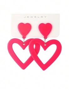 1pair Creative And Personalized Pink Heart Earrings - Hot Pink - View 1