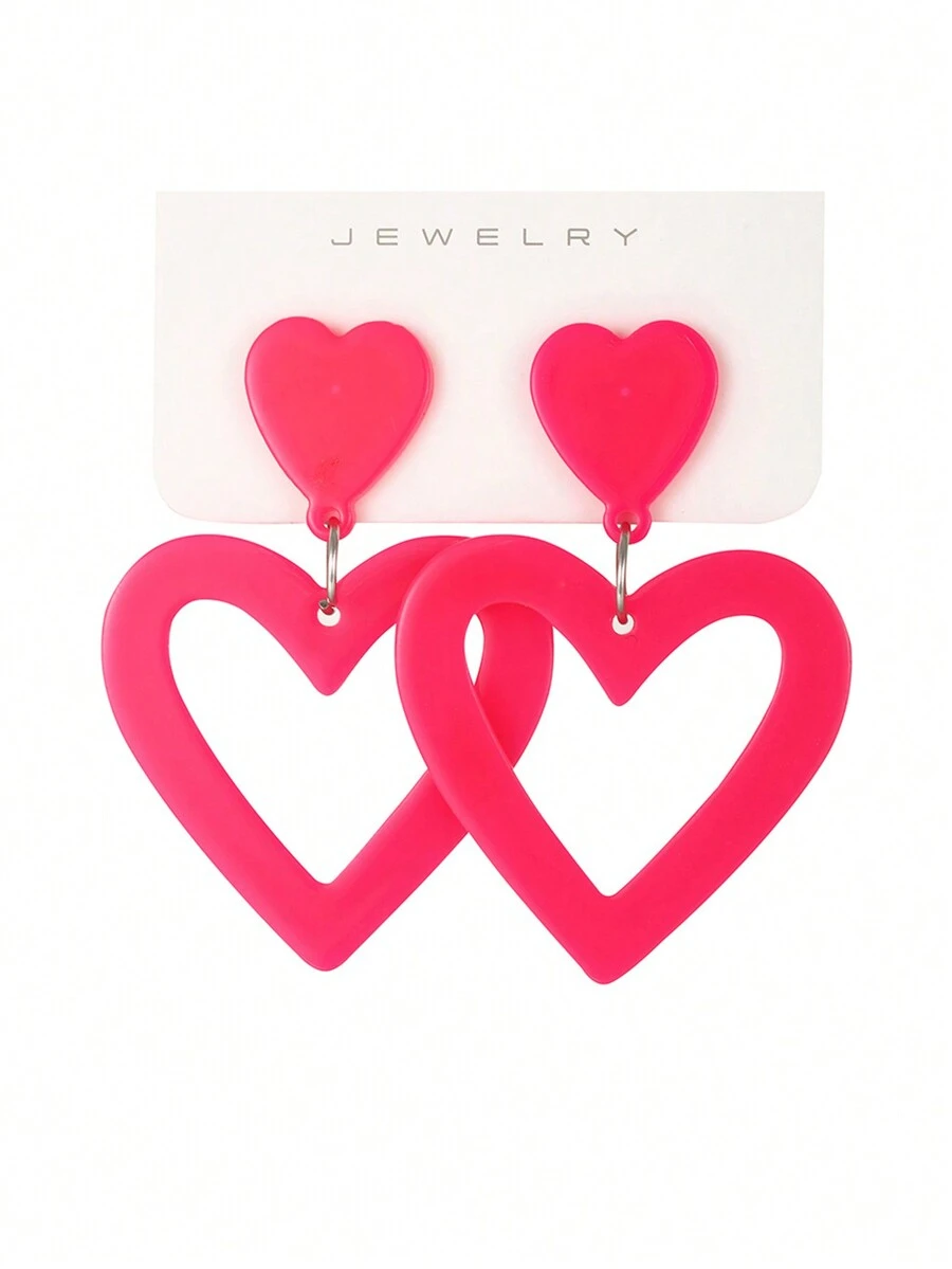 1pair Creative And Personalized Pink Heart Earrings - Hot Pink - View 1