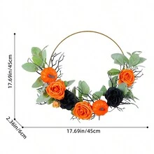 1入組人工南瓜和玫瑰花花圈,適用於門飾 - 橘色 - 查看 2