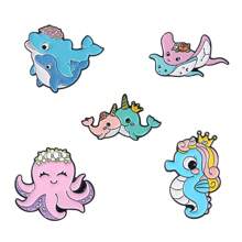 5入組可愛的卡通海洋動物搪瓷胸針(章魚、鯨魚、海馬),配有油珠和迷你徽章,適用於衣服、圍巾、裝飾、禮品、日常穿著