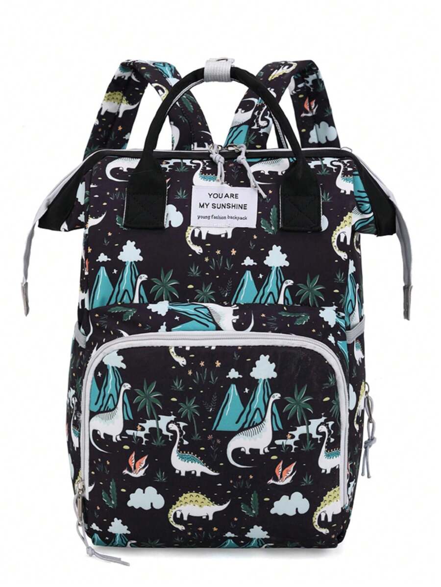 1pc Nylon Diaper Bag With Dinosaur Print, Big Capacity And Zipper Closure For Daily Use By Moms - Black - View 1