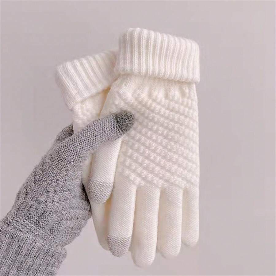 Winter New Arrival Pineapple Design Touch Screen Knitted Full Finger Warmth Keeping Thick Jacquard Wool Gloves Halloween Accessories Winter Gloves - White - View 1