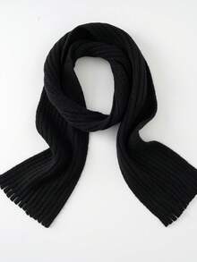 1 chiếc khăn choàng ấm áp màu trơn thiết kế tua rua cỡ trung bình dành cho trẻ em, thích hợp sử dụng hàng ngày - màu đen - Xem 3