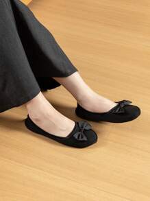 Women's Japanese-style Foldable Shoes, Portable With Storage Bag, Bowknot Slippers, Noiseless Floor Socks Shoes, Soft-soled Shoes For Driving, Students, Traveling And Library Use, Flat Heels With Elastic Strap - Black - View 6