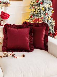 1pc Italian Fleece Ruffled Decorative Pillowcase Cover, Without Pillow Insert, Suitable For Winter - Red - View 1