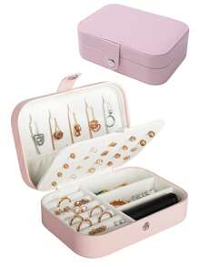 豪華女士小型簡約pu項鍊戒指耳環口紅收納盒,便攜式珠寶首飾包裝盒禮盒旅行珠寶盒 - 粉色 - 查看 1