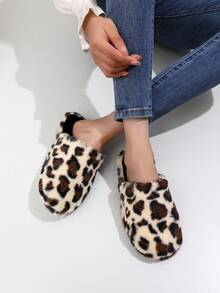 女士豹紋柔軟底防滑靜音時尚室內毛絨絨拖鞋