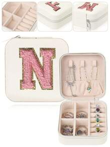 Travel Jewelry Box PU Jewelry Case For Women Display Portable Organizer| Mini Jewelry Case| Birthday Gifts For Women,Gifts For Girlfriend Necklace Ring Multi-Grid Jewelry Holder Initial A-Z, Gift For Valentine's Day