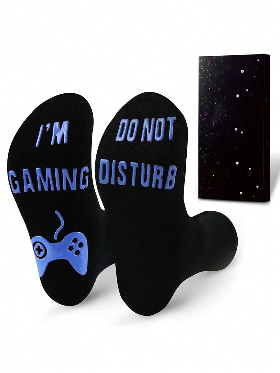 1 Pair Of Men's Do Not Disturb I'm Gaming Socks , Slip Resistant Socks, Black Socks Blue Socks ,Fun Gift Socks, Fall