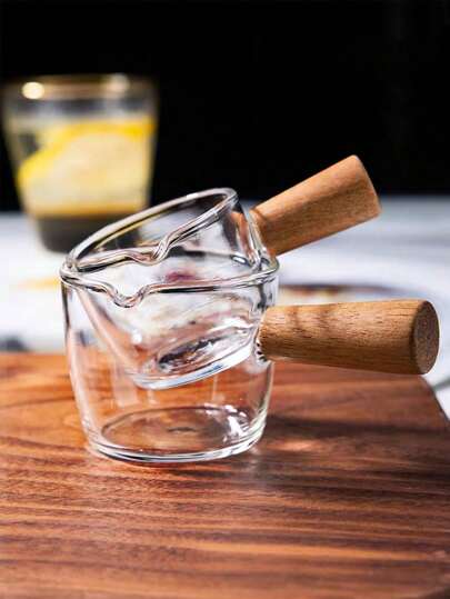 Glass Small Milk Cup & Mini Milk Jug & Japanese Style Coffee Cup With Wooden Handle & Milk Pitcher With Spout For Steak Sauce