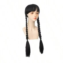 1件女孩時尚可愛的編織假髮,電影角色cosplay表演派對髮飾,萬聖節cos Wig黑色編織全頭