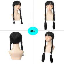 1件女孩時尚可愛的編織假髮,電影角色cosplay表演派對髮飾,萬聖節cos Wig黑色編織全頭