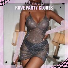 Victray Rhinestone Fingerless Gloves Stretchy Fishnet Gloves Sparkle Long Gloves Party Rave Costume Gloves For Women And Girls - 白色 - 查看 7