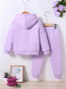 Young Girl Cartoon Pattern Printed Warm Sweatshirt And Sports Pants - Purple - View 2