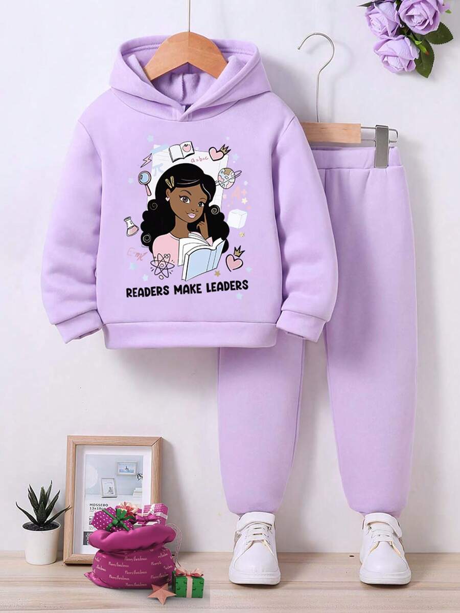 Young Girl Cartoon Pattern Printed Warm Sweatshirt And Sports Pants - Purple - View 1