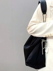 Foldable Large Capacity Shoulder Bag For School And Casual Use - Black - View 3