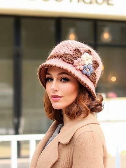 Elegant Flower Crochet Bucket Hat Flower Knitted Basin Hats Lightweight Warm Bucket Hat For Women Autumn & Winter Boho