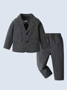 BOARNSEORL Bộ vest nam 2 món cho bé trai, áo khoác xám kèm nơ và quần, thời trang và sành điệu cho tiệc sinh nhật, đám cưới, mùa thu/đông - Màu xám đen - Xem 1