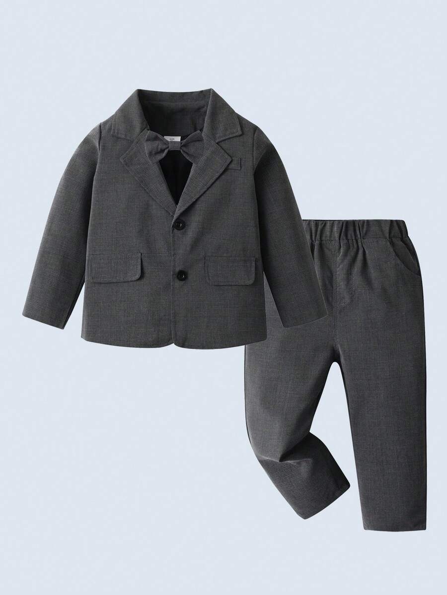 BOARNSEORL Bộ vest nam 2 món cho bé trai, áo khoác xám kèm nơ và quần, thời trang và sành điệu cho tiệc sinh nhật, đám cưới, mùa thu/đông - Màu xám đen - Xem 1