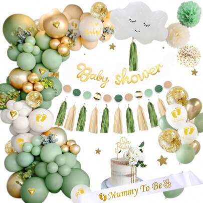 50 piezas Juego de decoración para baby shower de recién nacido que incluye globos blancos opacos, globos impresos con "Oh Baby", globos dorados metálicos, globos dorados con brillo, globos con forma de corazón, 3 piezas de flores de papel, pancarta dorada de "baby shower", borlas de papel, faja para "futura mamá", decoración para pastel "Oh Baby", Navidad