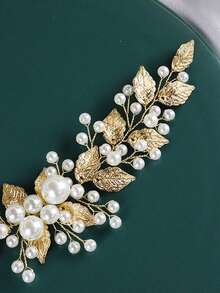 Brihasory 金色葉子頭飾珍珠婚禮髮飾,適用於女性和女孩新娘頭飾