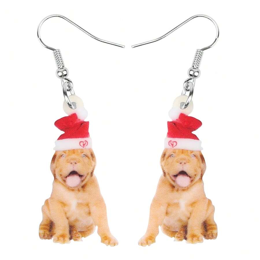 1 對可愛亞克力聖誕帽法國鬥牛犬耳環沙皮狗吊墜珠寶適合愛狗人士女士女孩吊飾禮物