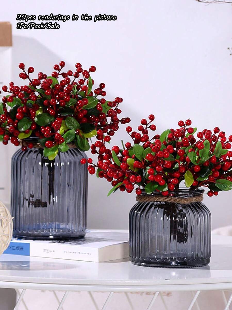 1Pc Red Artificial Berry Stems with Green Leaves Plastic Artificial