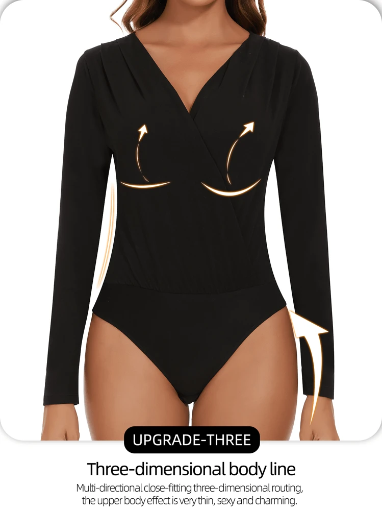 Body Nero A Maniche Lunghe Pieghettato Con Scollo A V Incrociato Alla Moda Autunno/inverno Da Donna | SHEIN ALIA
