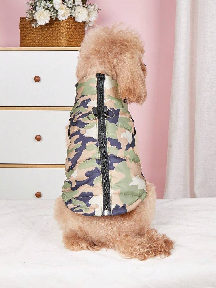 1pc Pet Clothes Autumn And Winter Fashionable Vest, Color Block Camouflage, Zipper And Leash Hole, For Bichon Frise, Poodle, Padded Coat