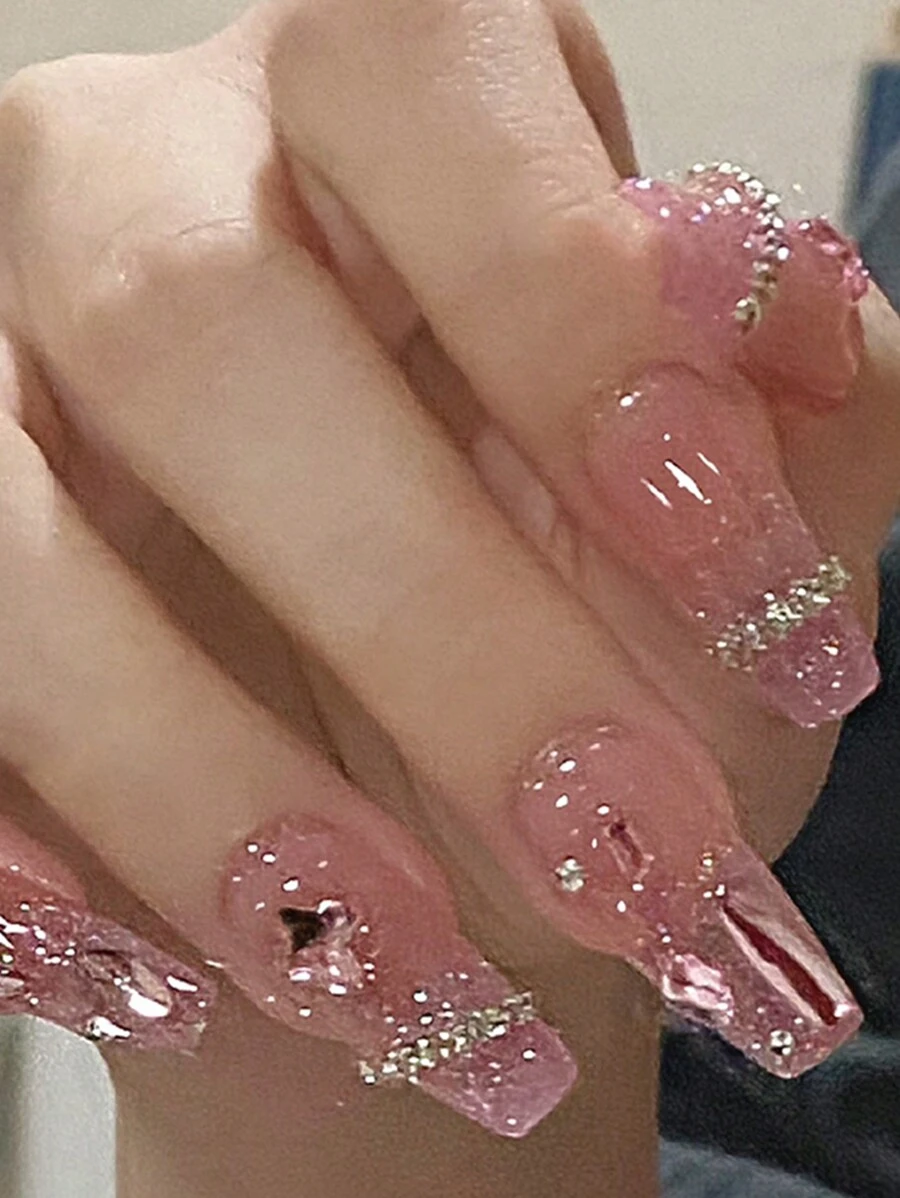 Upgrade Your Appearance With 24pcs Long Ballet Nails In Ice-Clear Pink, Glitter, Cute 3d Butterfly, Rhinestone & Chain Design, Full Coverage, Suitable For Women And Girls Press On Nails Nail Supplies - Pink - View 1