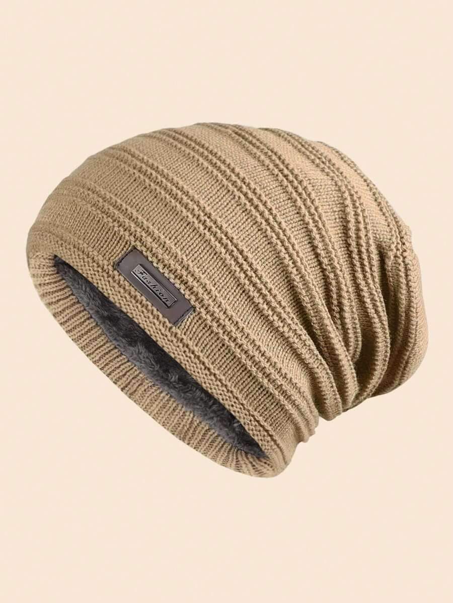 1pc Men's Winter Striped Knit Hat With Thermal Lined - Khaki - View 1