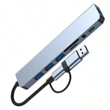 Usb + Type-c雙頭轉換成usb3.0 + Usb2.0 * 3 + 3.5mm耳機孔 + Sd / Tf 卡 + Usb-c數據傳輸接口的8合1多功能鋁合金電腦行動電話擴展底座 - 深灰色 - 查看 3
