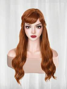 超长松散波浪棕色姜黄色假发，带麻花辫，适合女性公主假发，适合派对，女性动漫漫画卡通服装假发，带刘海，适合节日，合成无胶耐热高温纤维头发，高密度廉价假发，非常适合学校万圣节感恩节圣诞节服装派对和 1 件假发帽 - 薑色 - 查看 4