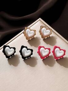 1pair Creative Fashion European-american Style Faux Pearl Heart Decorated Charming Women's Stud Earrings, Suitable For Daily Wear Jewelry - Multicolor - View 10