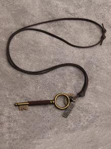 1 件男士天鵝絨繩索和幾何設計古董銀色鑰匙和皮革鏈項鍊