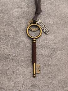 1 件男士天鵝絨繩索和幾何設計古董銀色鑰匙和皮革鏈項鍊