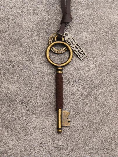 1 件男士天鵝絨繩索和幾何設計古董銀色鑰匙和皮革鏈項鍊