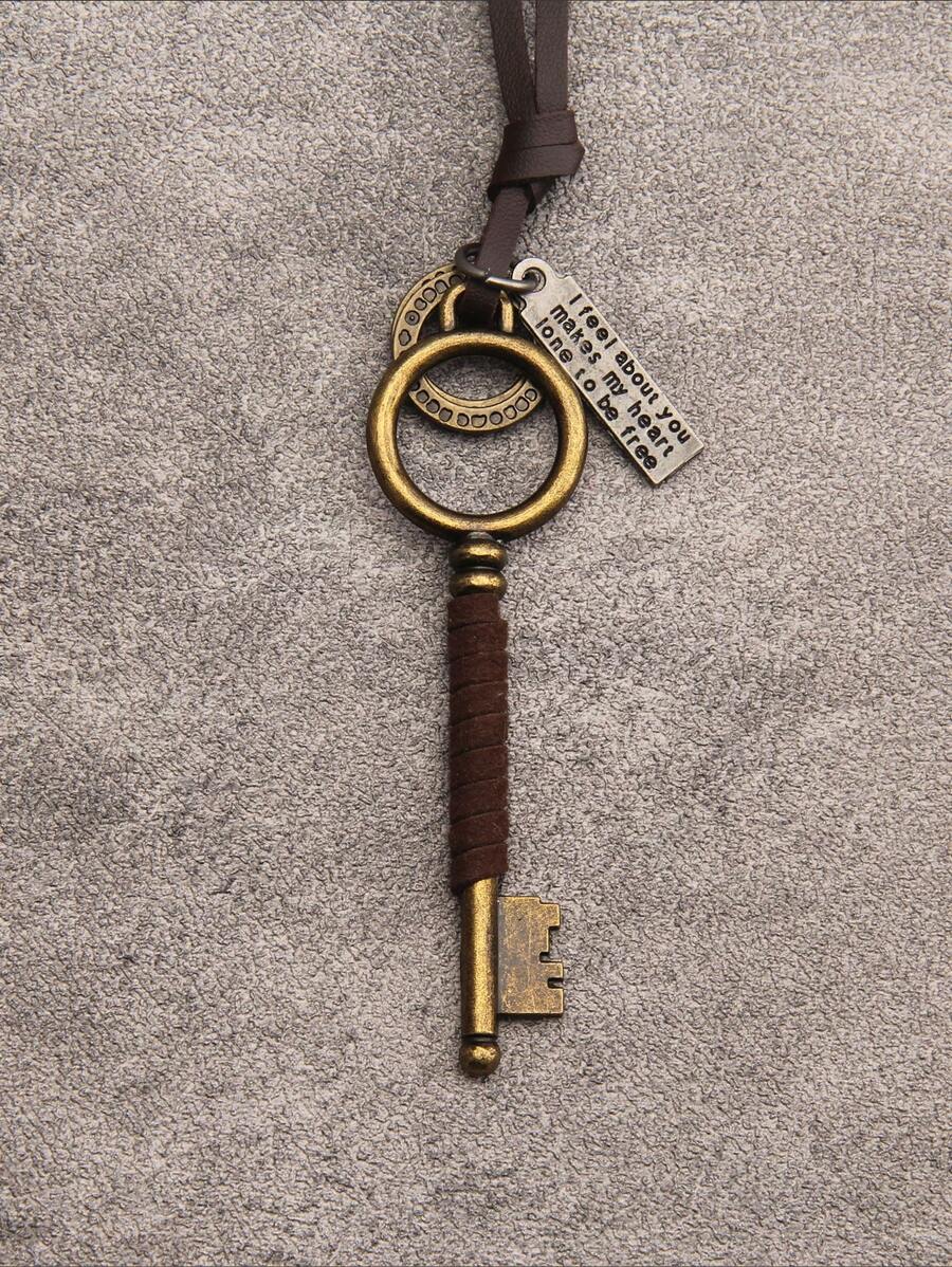 1 件男士天鵝絨繩索和幾何設計古董銀色鑰匙和皮革鏈項鍊